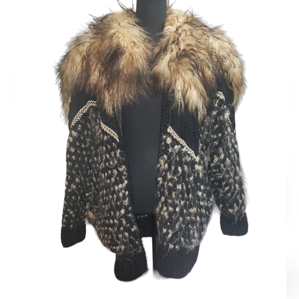 NORMA Canada Vintage 1980's  Fur Patchwork Art Knit Sweater Jacket mixed media